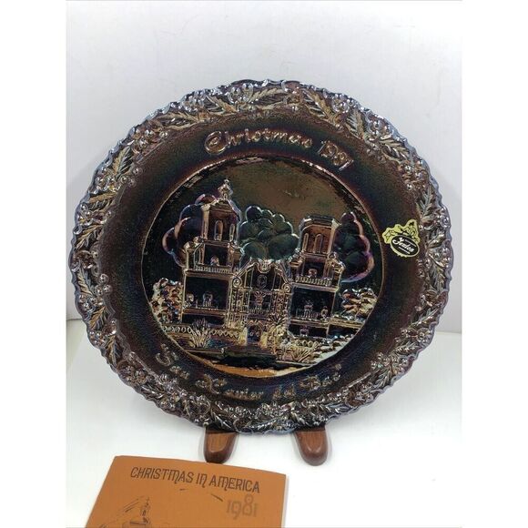 Fenton Amethyst Carnival Glass Christmas In America 8" Plate 1981 #12 & Stand - Picture 1 of 14